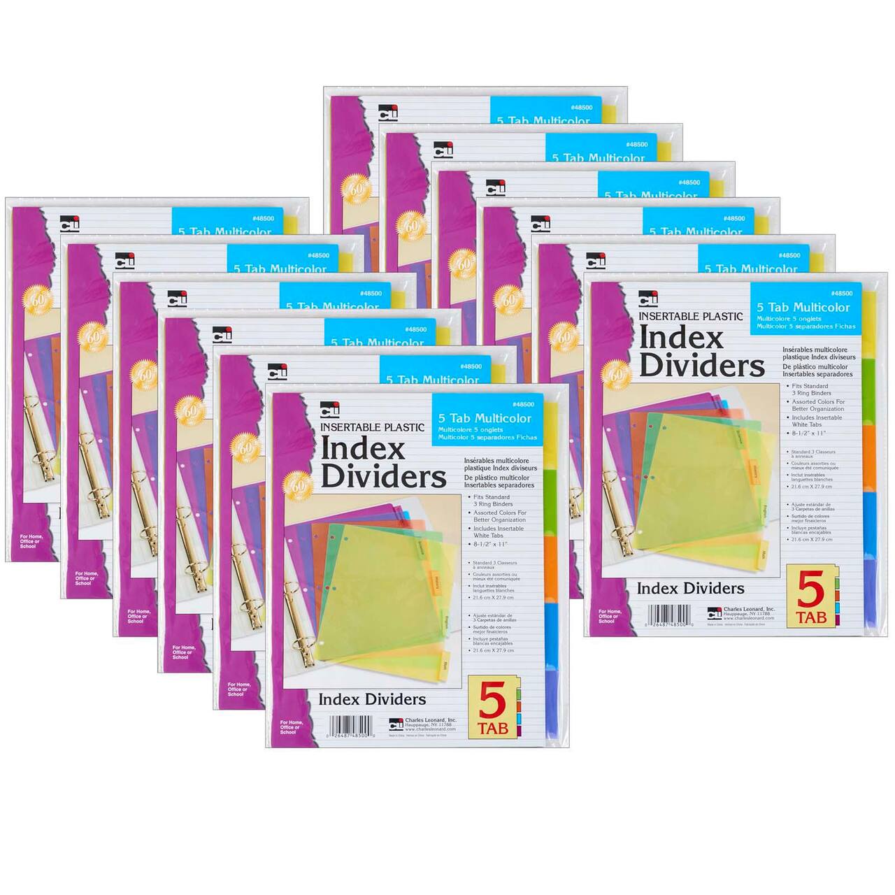Charles Leonard Assorted Color 5-Tab Index Dividers, 12 Packs of 5